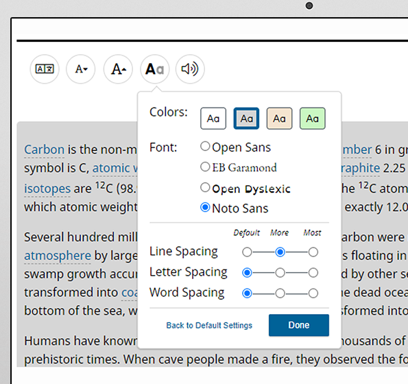 Shows the options that appear if a user clicks on the icon with a capital and lowercase A: options to change the font style and color and to increase line, letter and word spacing.