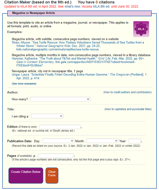 This screenshot shows the layout of a template -- from the description to the citation examples to the fields for information such as the author and title of the source.